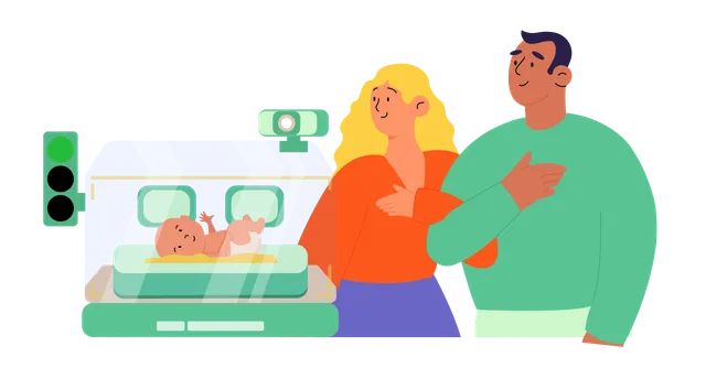 Parents beside a neonatal incubator