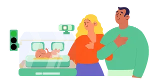 Parents beside a neonatal incubator