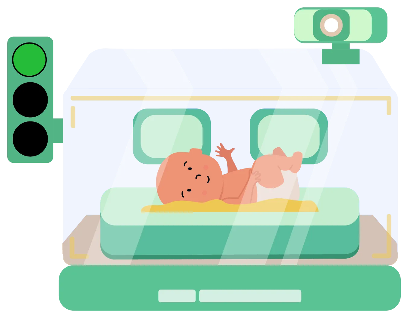Camera-based neonatal monitoring setup above an incubator