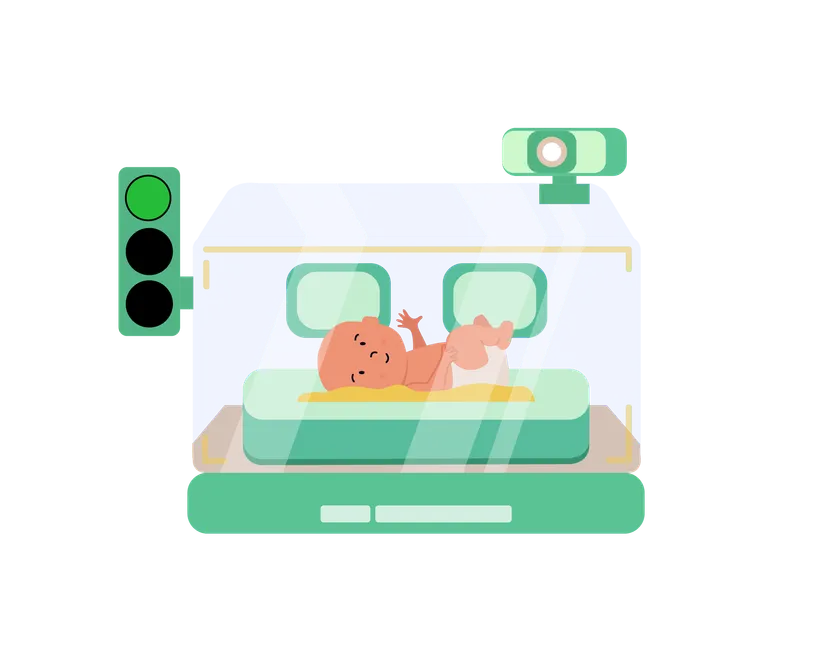 Camera-based neonatal monitoring setup above an incubator