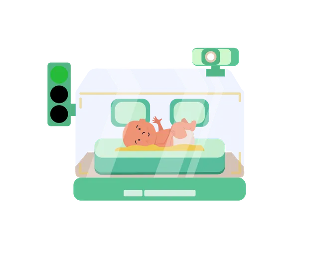 Camera-based neonatal monitoring setup above an incubator